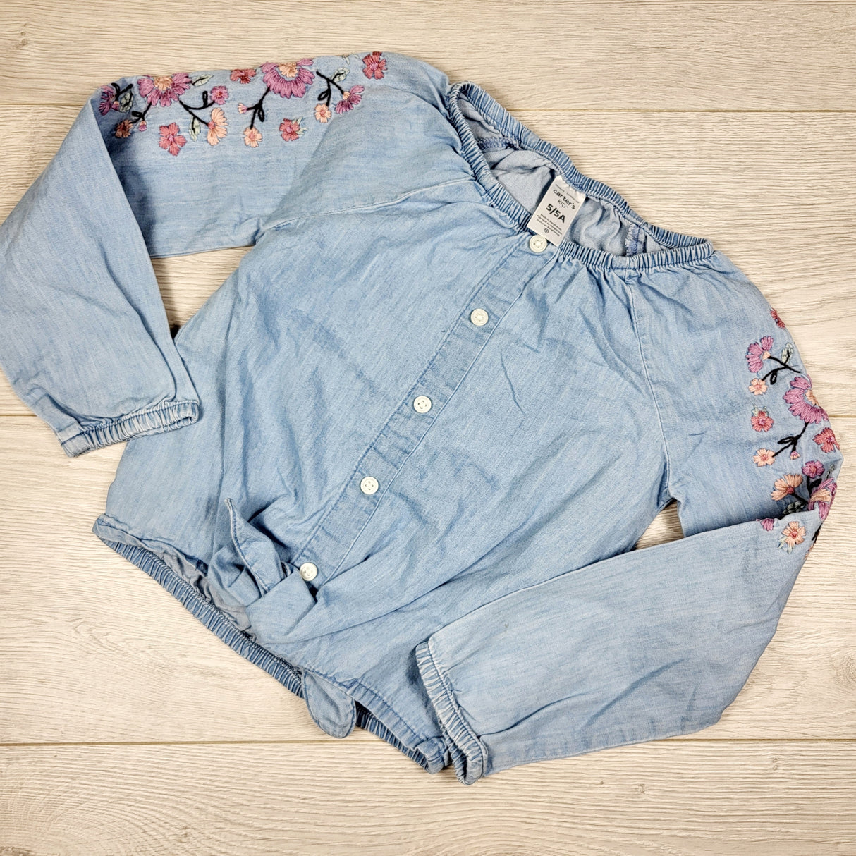 Carters knotted denim look top with floral embroidery. Size 5T