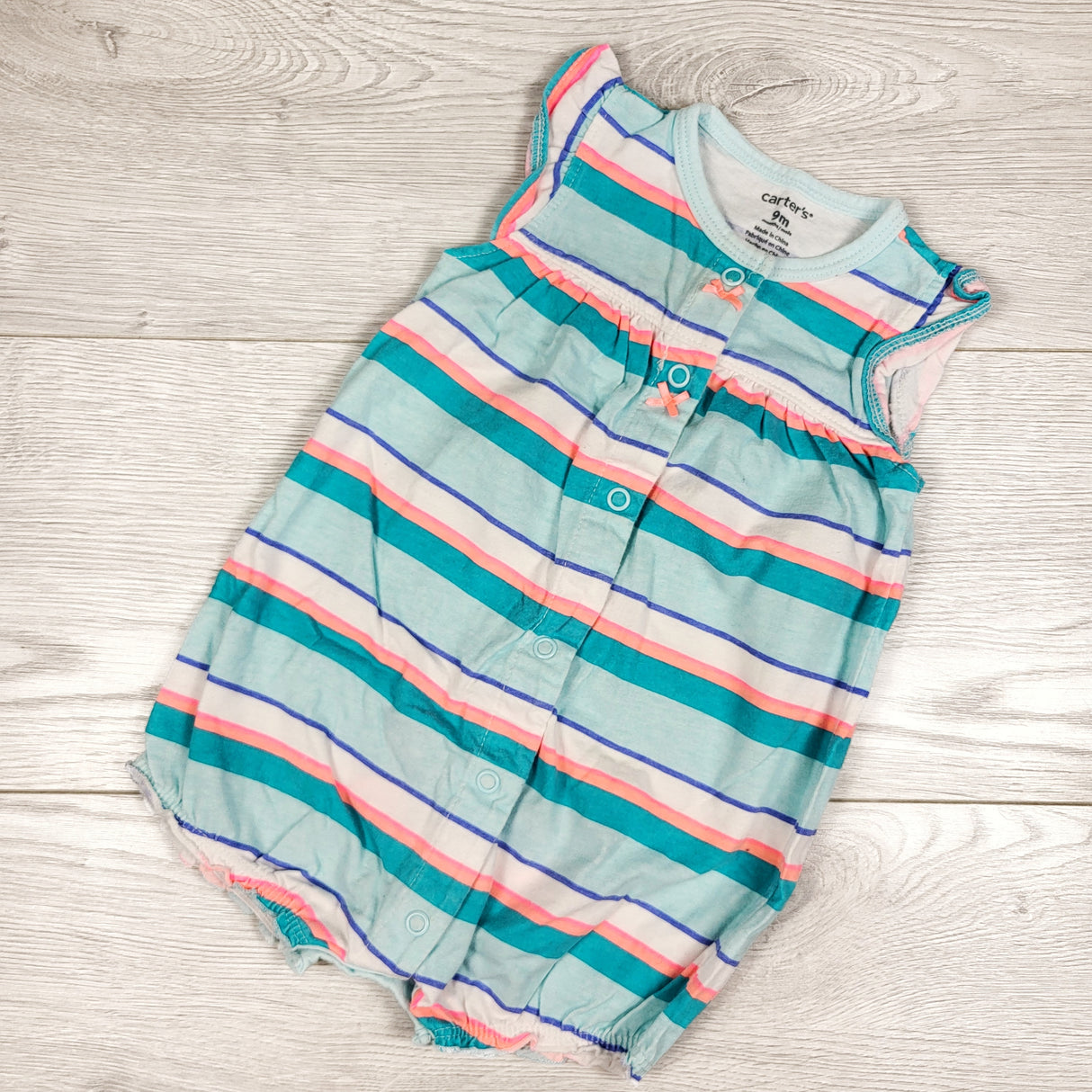 Carters teal striped romper with crab bum. Size 9 months