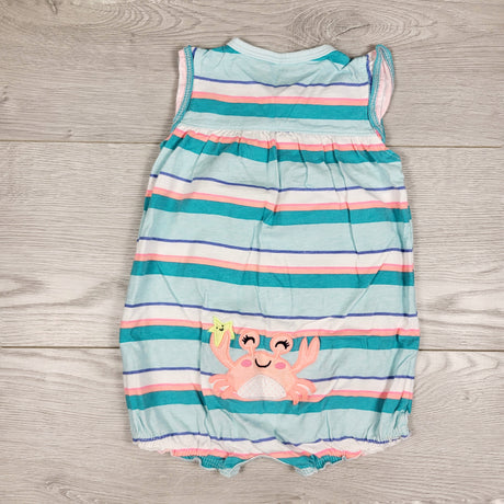 Carters teal striped romper with crab bum. Size 9 months