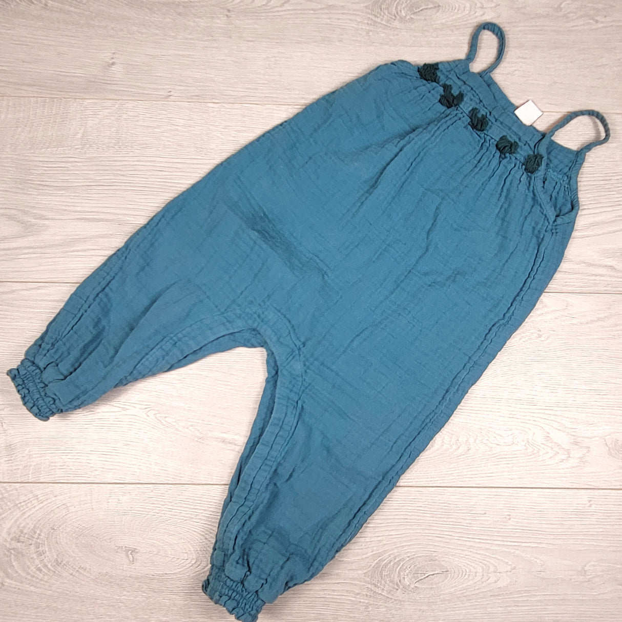 Old Navy teal muslin cotton romper. Size 18-24 months