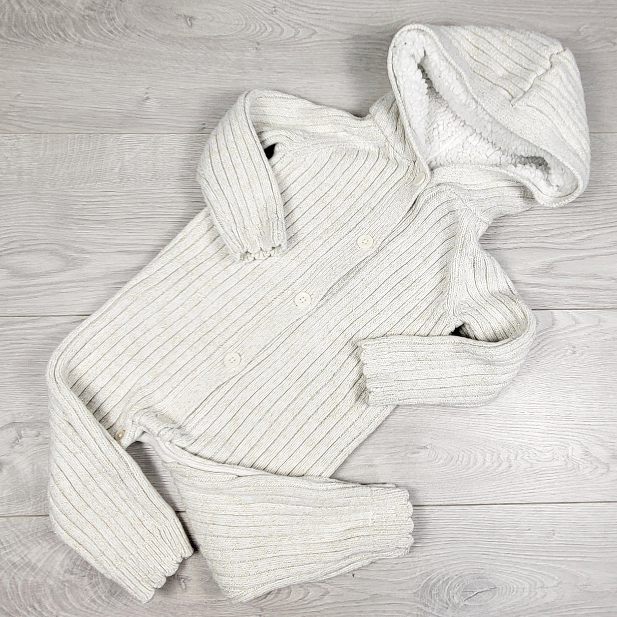 Baby B'gosh knit rib hooded sweater romper with gold sparkle threading. Size 18 months