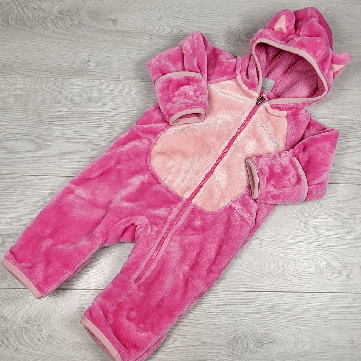 Columbia pink plush hooded bunting suit. Size 3-6 months