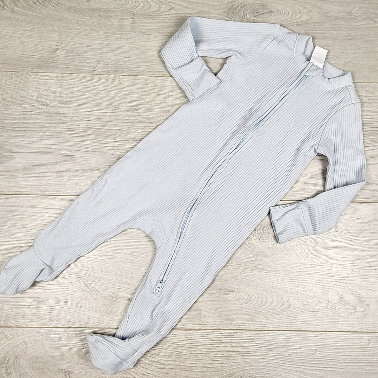 Old Navy light blue ribbed zippered sleeper. Size 6-9 months