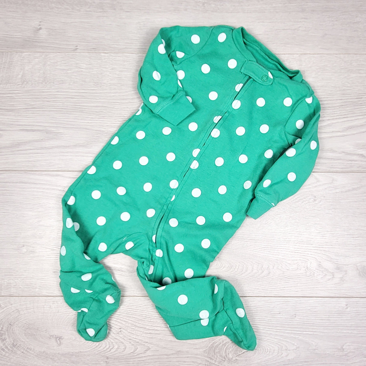 Carters green zippered polka dot cotton sleeper. Size 9 months