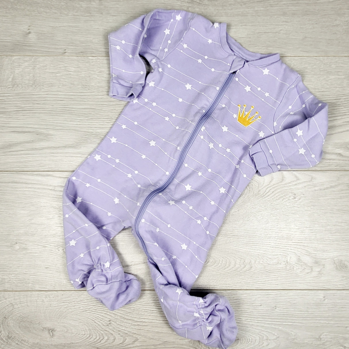 Tuffy purple zippered sleeper with crown and stars. Size 9 months