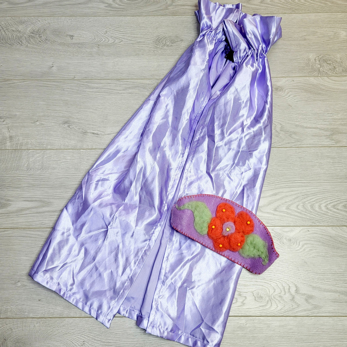 PS01 - Handmade cape with felted wool flower crown, one sized fits all, a little damage at elastic where cap snaps together