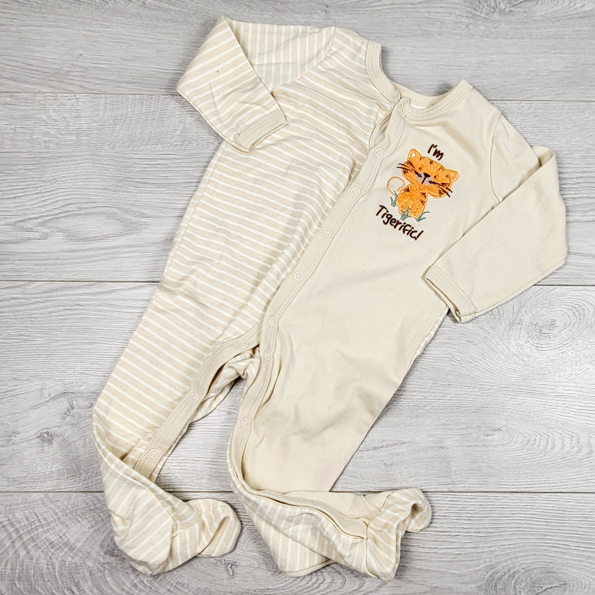 Funny Bunny beige striped cotton sleeper with tiger. Size 24 months