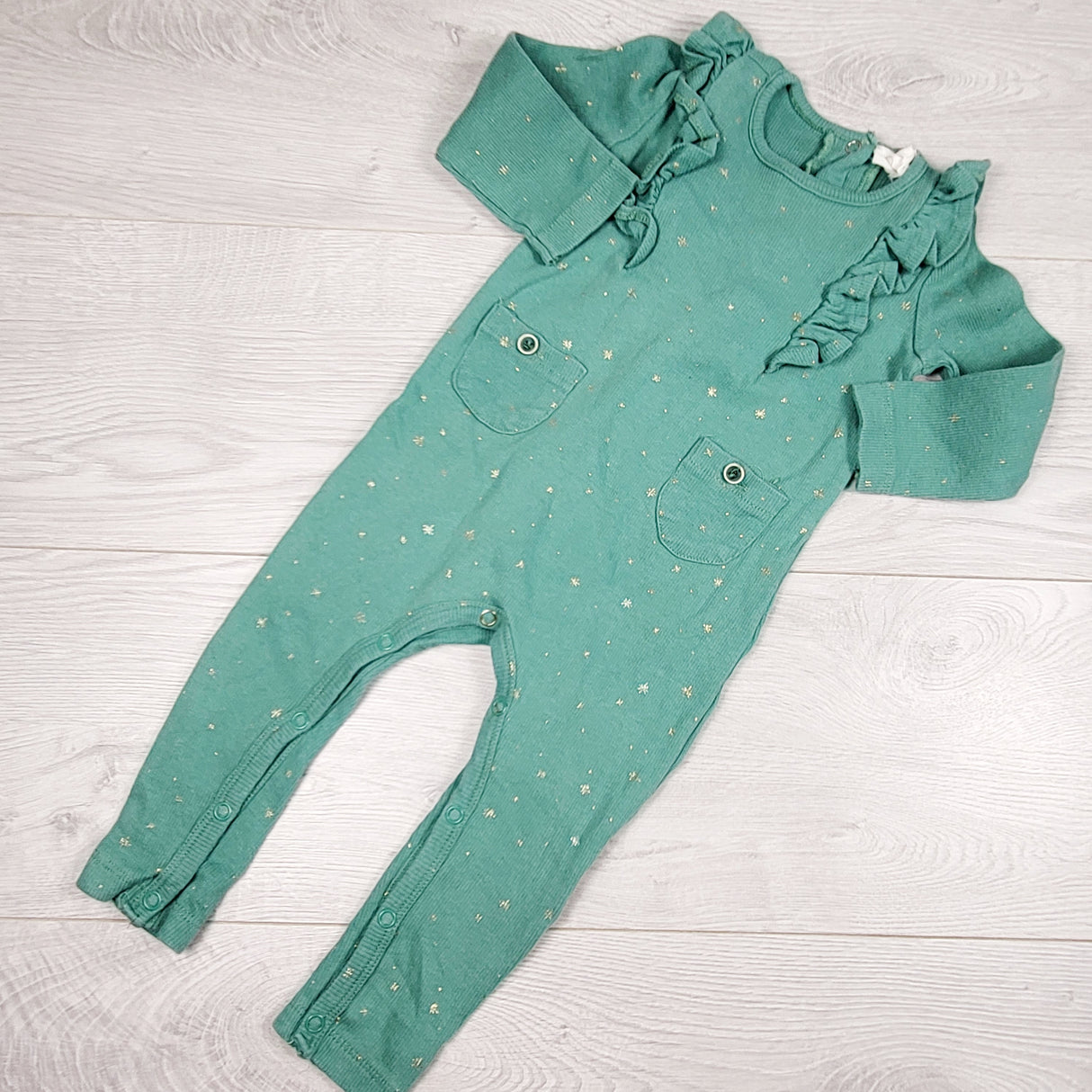 Jessica Simpson green ribbed ruffle romper. Size 18 months