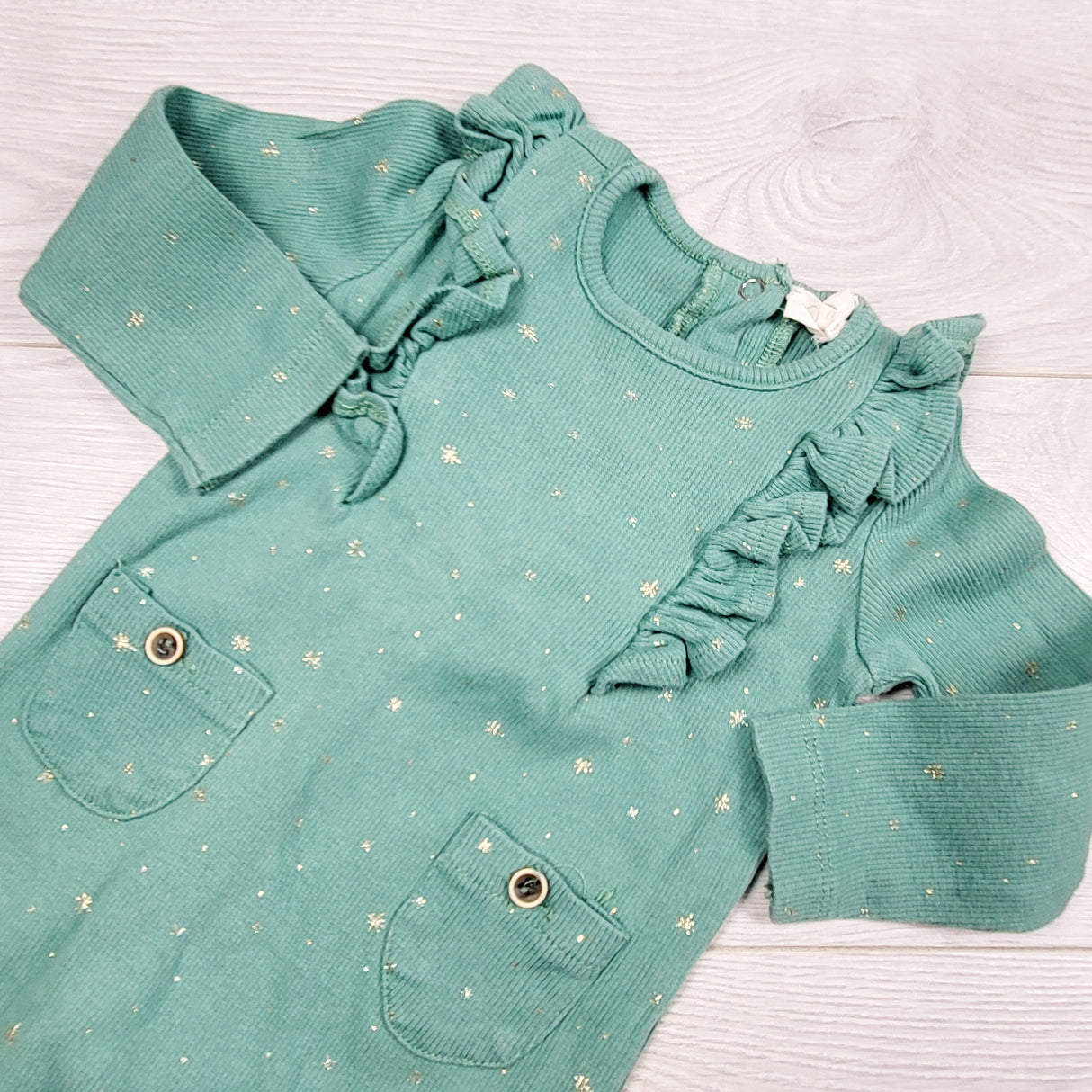 Jessica Simpson green ribbed ruffle romper. Size 18 months