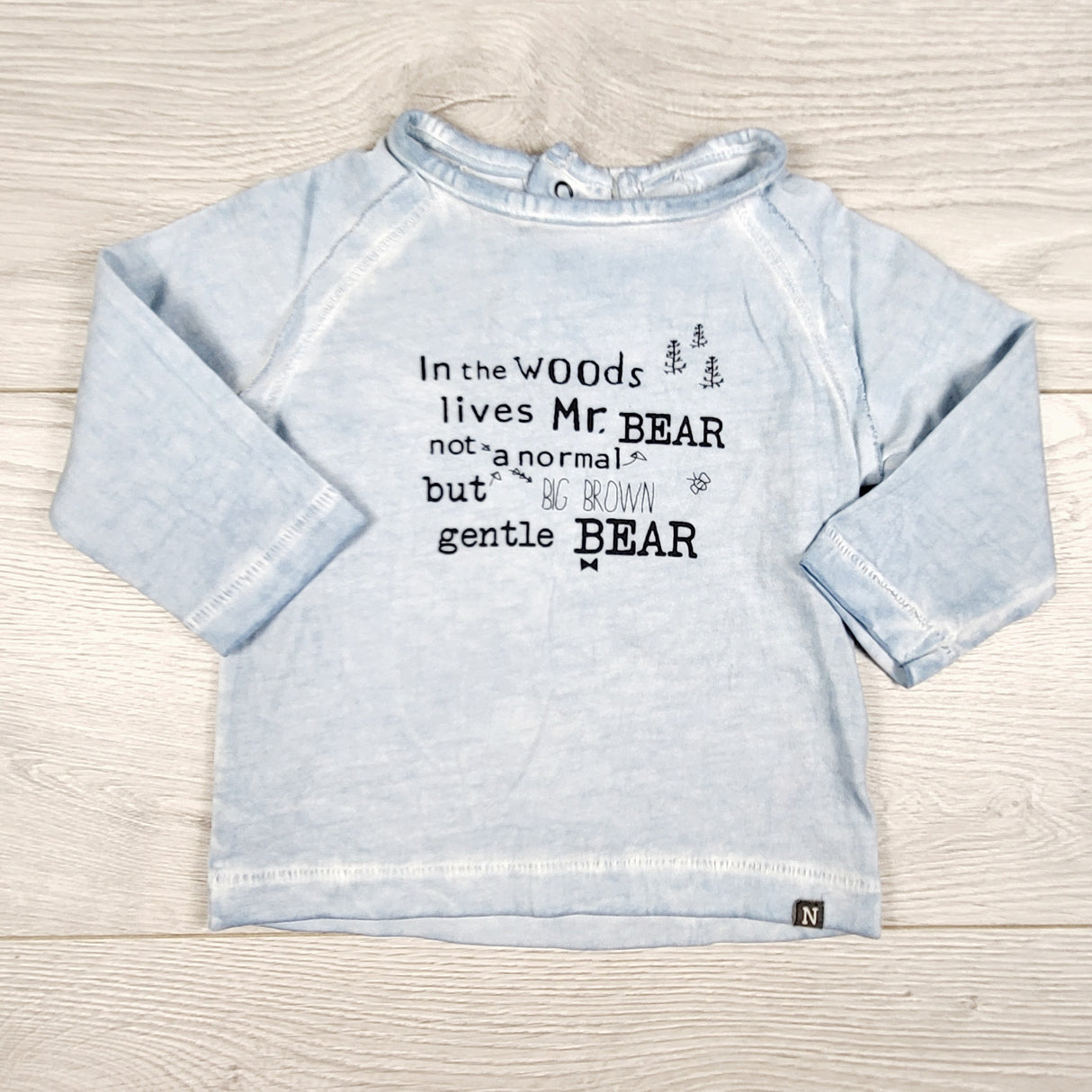Noppies blue distressed look "In the Woods..." top. Newborn size