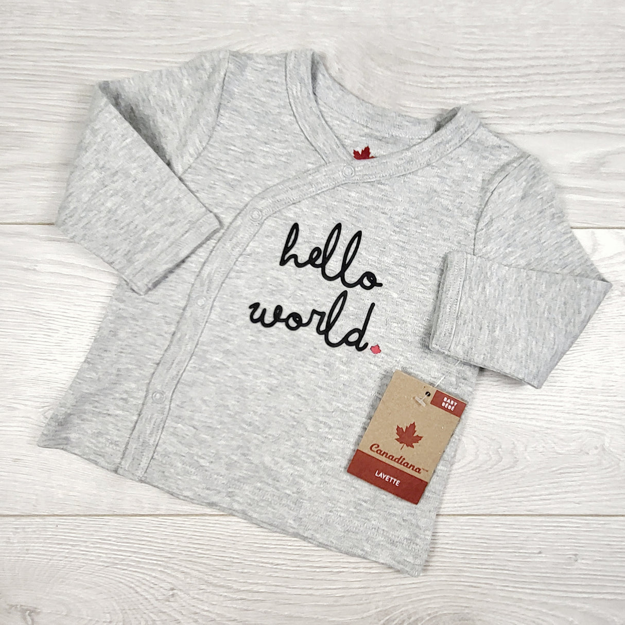 NEW - Canadiana grey wrap style "Hello World" top. Size 6-9 months