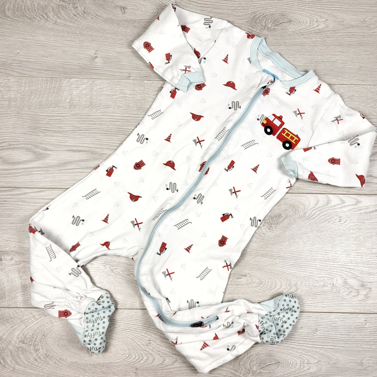 Tuffy white zippered sleeper with fire truck. Size 18 months