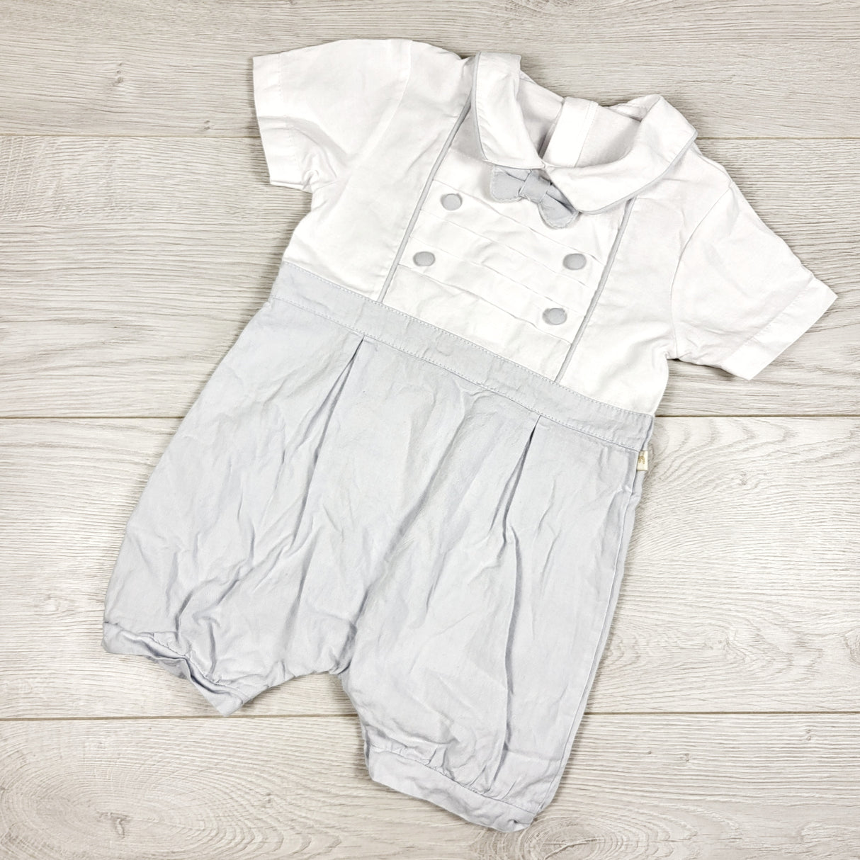Miomini white and grey woven romper with bow tie. Size 12 months