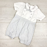 Miomini white and grey woven romper with bow tie. Size 12 months