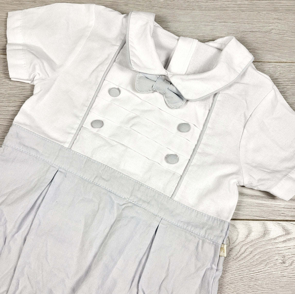 Miomini white and grey woven romper with bow tie. Size 12 months