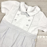 Miomini white and grey woven romper with bow tie. Size 12 months