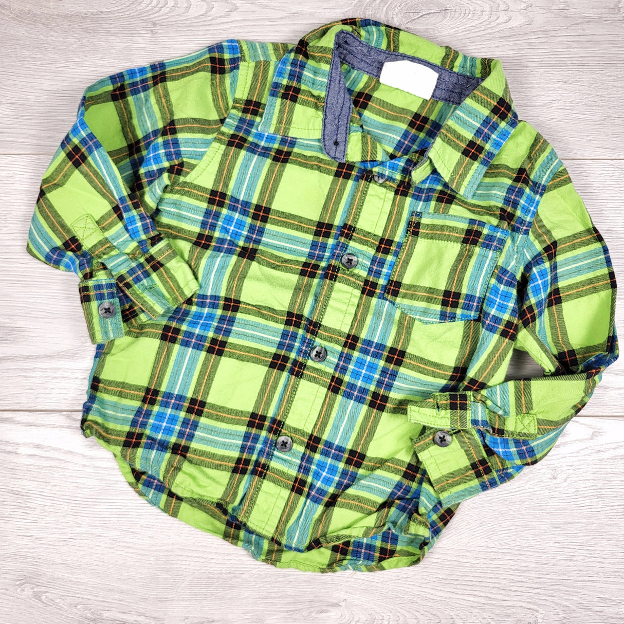 Crazy 8 lime green plaid button down flannel shirt. Size 18-24 months