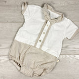 Miomini white and beige woven romper with bow tie. Size 1 Year