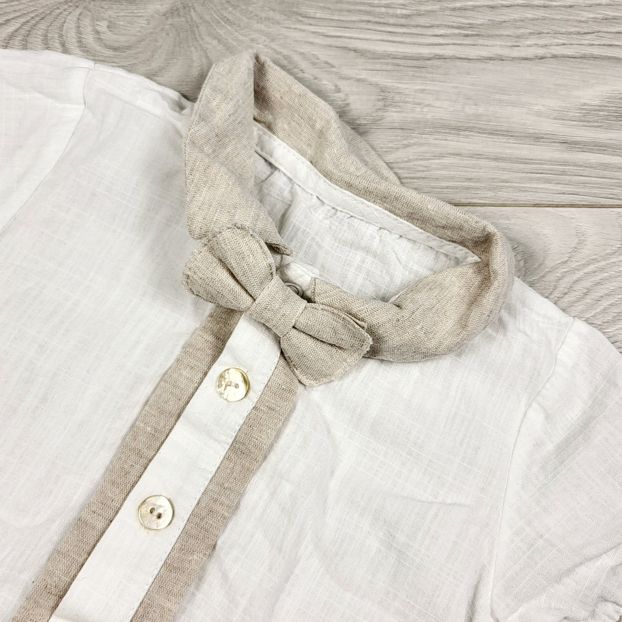 Miomini white and beige woven romper with bow tie. Size 1 Year