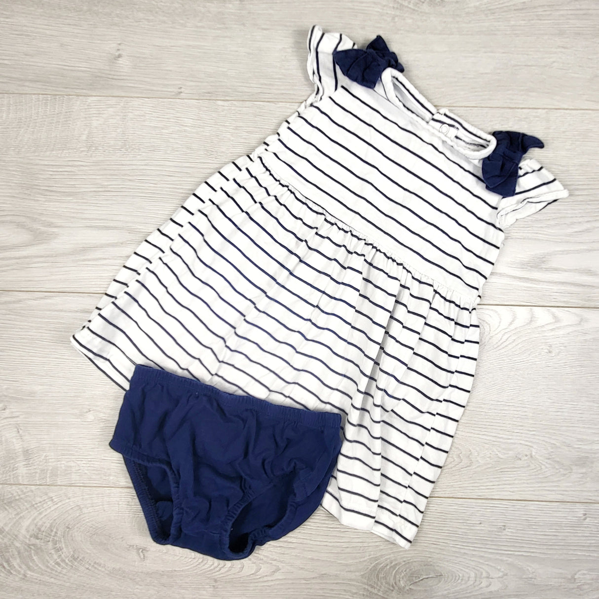 Carters white and navy striped dress with diaper cover. Size 18 months