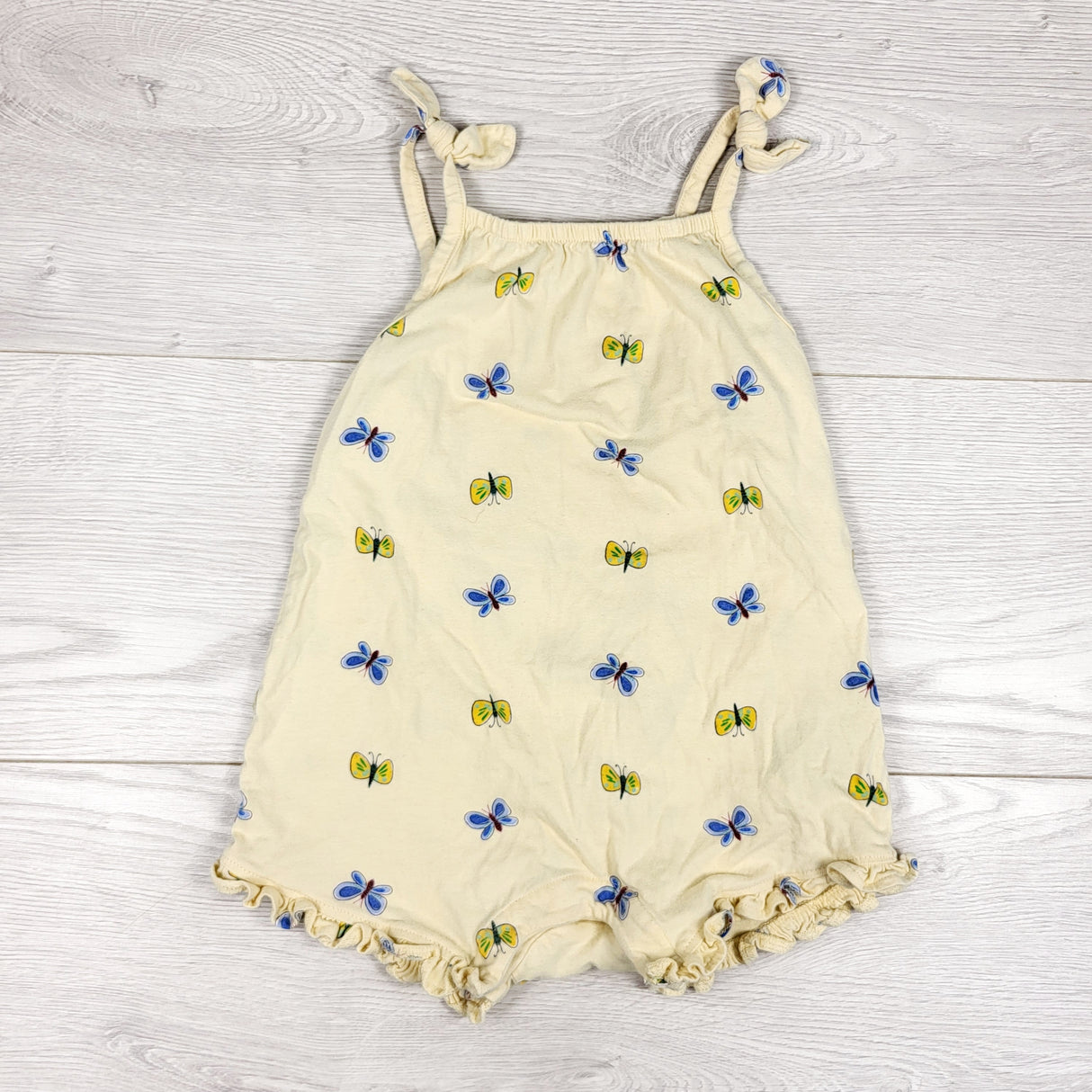 Old Navy pale yellow romper with butterflies. Size 18-24 months