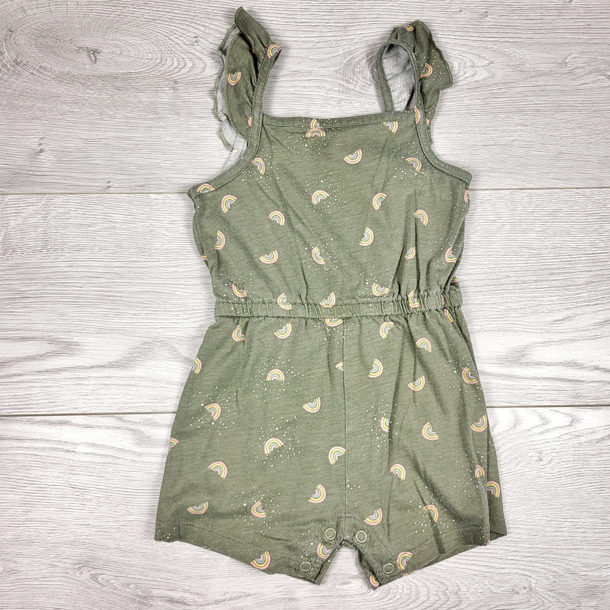Joe green sleeveless romper with rainbows. Size 12-18 months