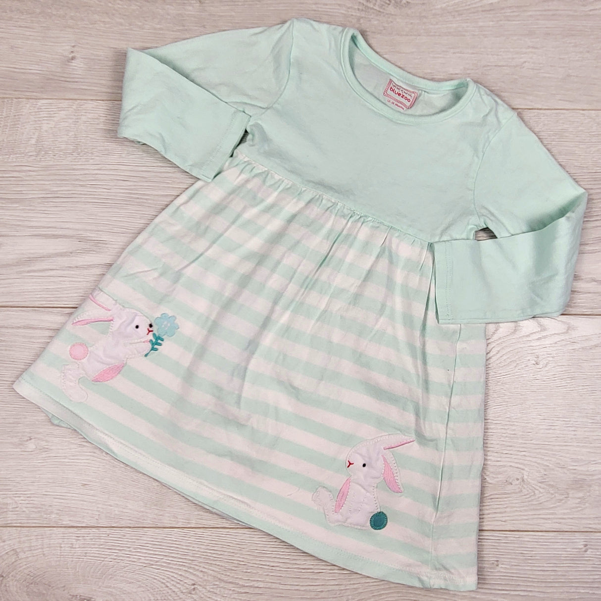 Blue Zoo mint striped dress with bunnies. Size 12-18 months