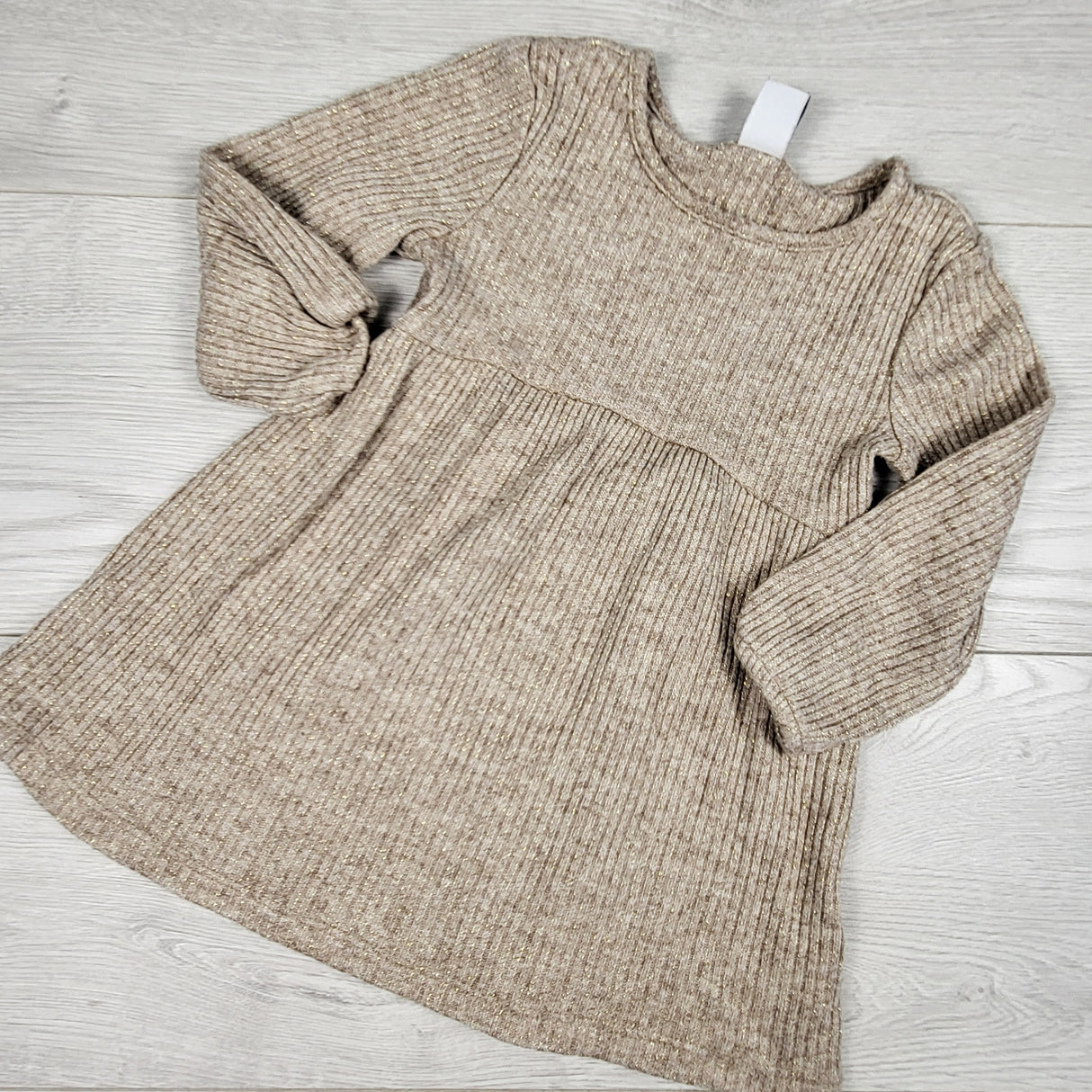 Old Navy taupe rib knit sweater dress with gold sparkles. Size 18-24 months