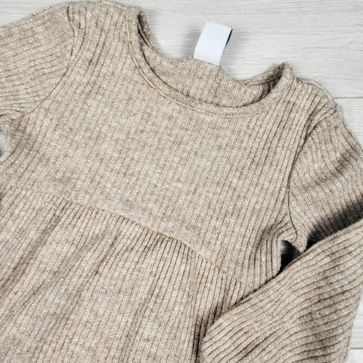 Old Navy taupe rib knit sweater dress with gold sparkles. Size 18-24 months