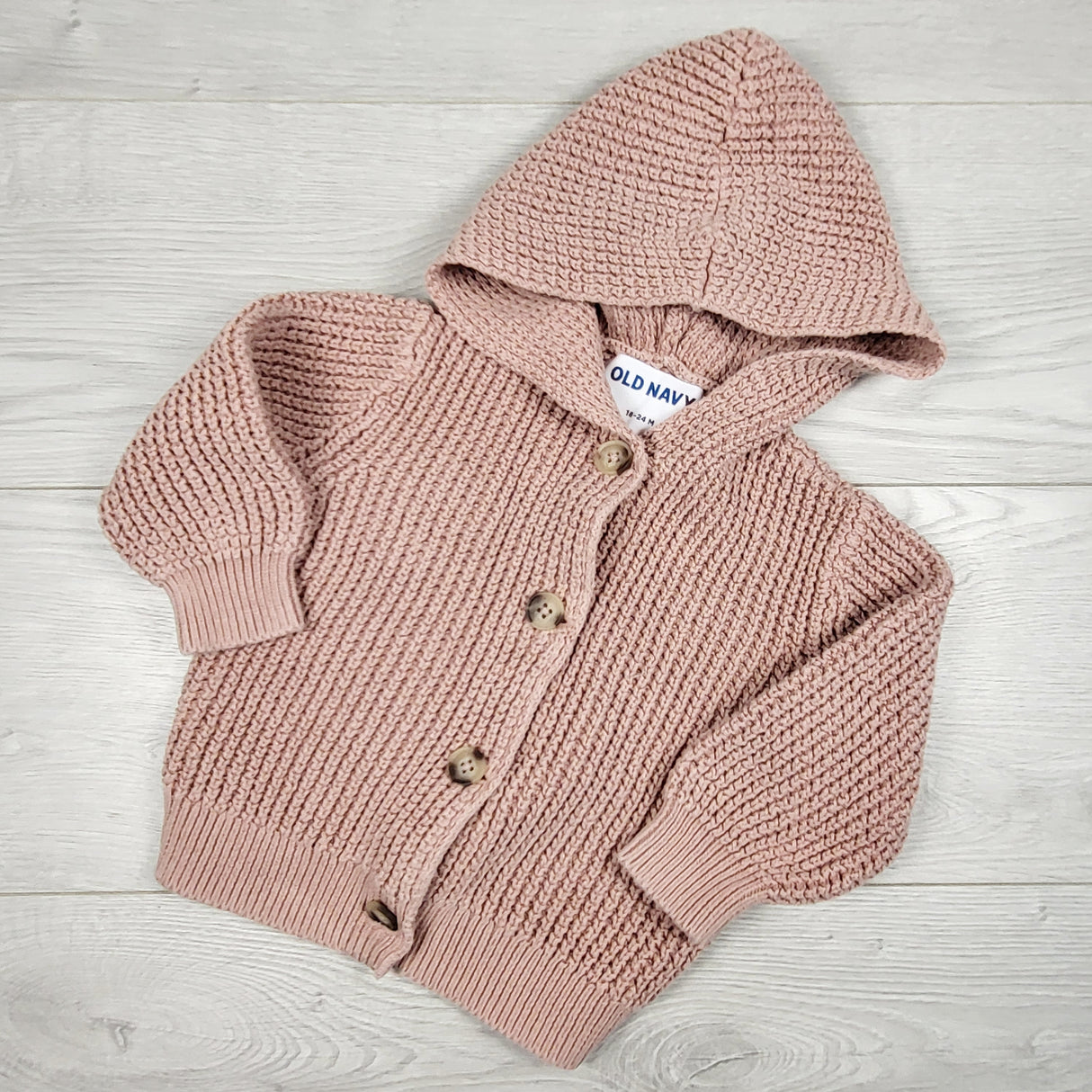 Old Navy pink hooded waffle sweater. Size 18-24 months