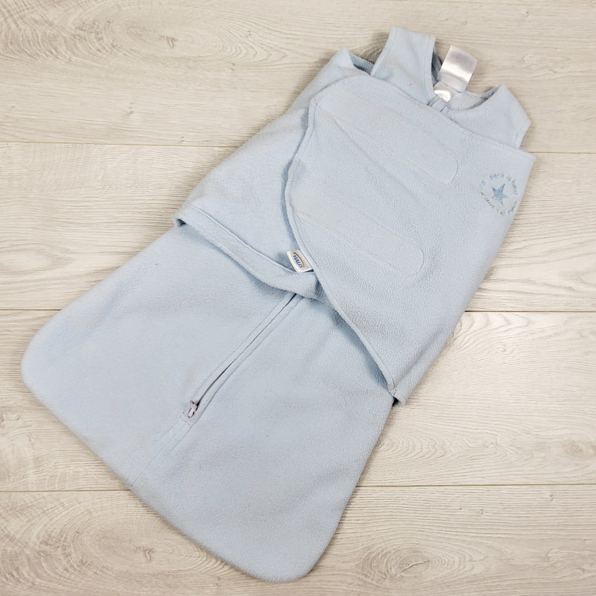Halo blue fleece swadde sleep sack. Size 3-6 months