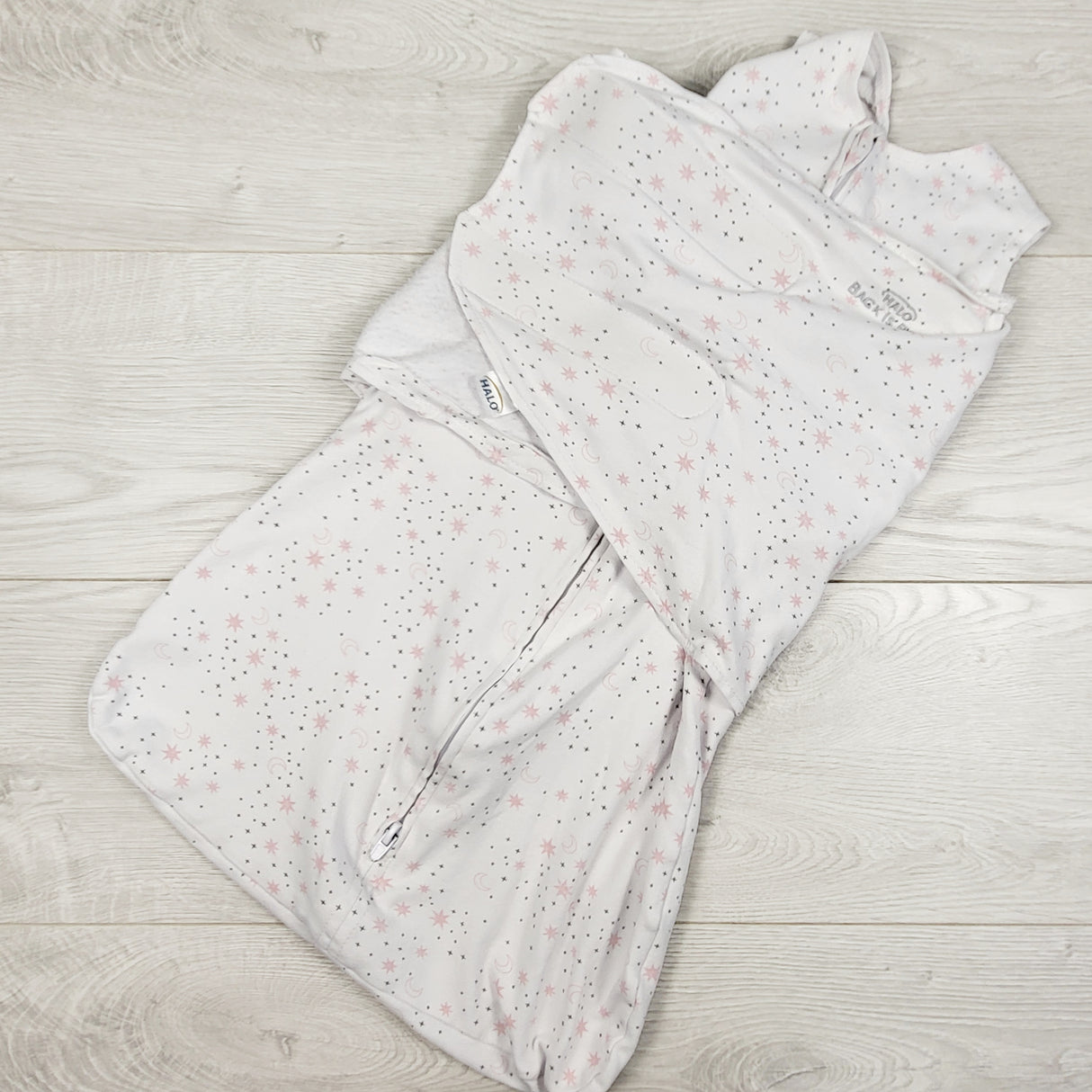 Halo white and pink swaddle sleep sack with stars and moons. Size 3-6 months