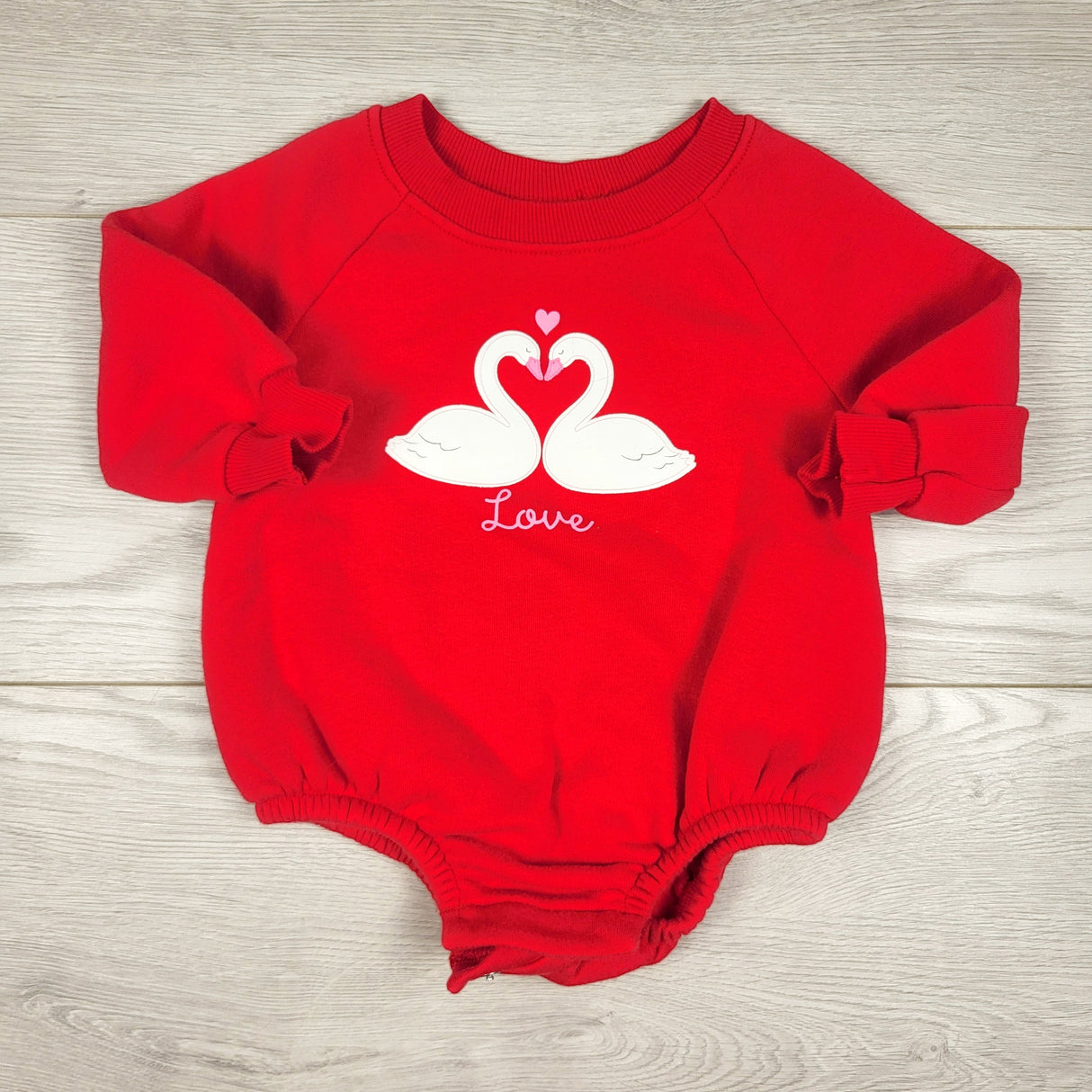 Old Navy red fleecy lined sweatshirt romper with swans. Size 3-6 months