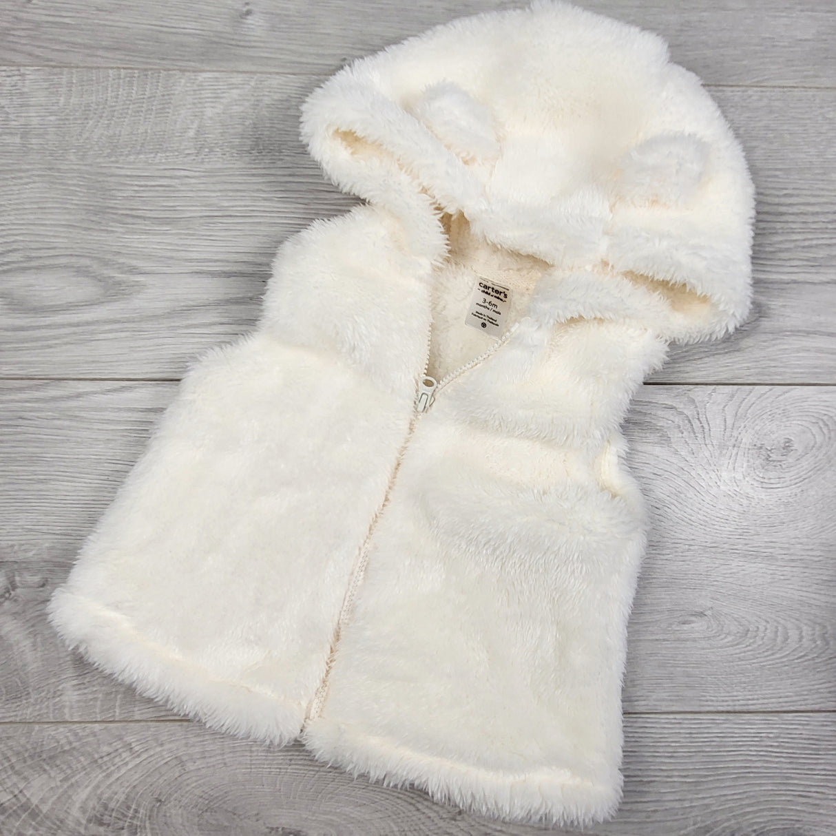 Child of Mine white faux fur hooded vest. Size 3-6 months