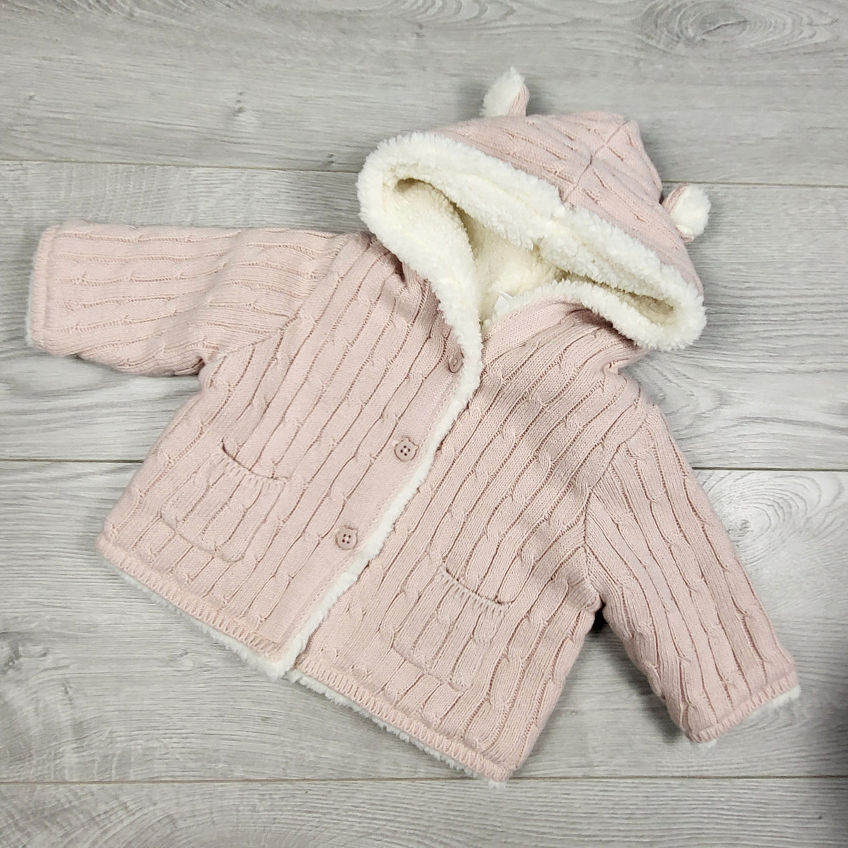 Gap pink cable knit hooded jacket with plush lining. Size 0-3 months