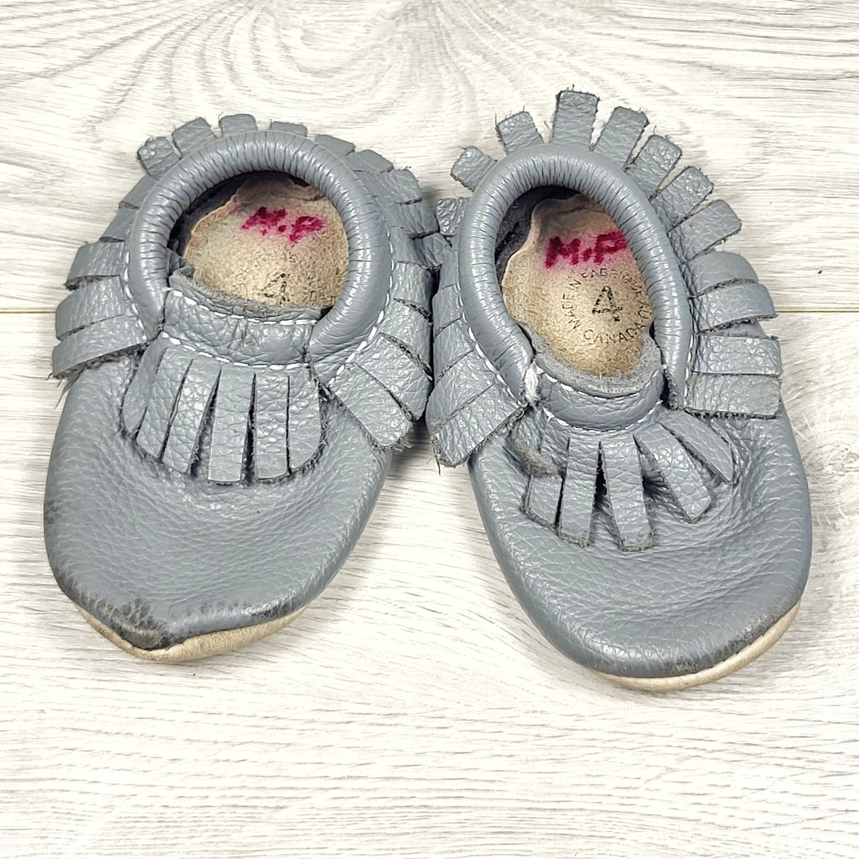 Minimoc grey leather soft soled shoes. Size 4