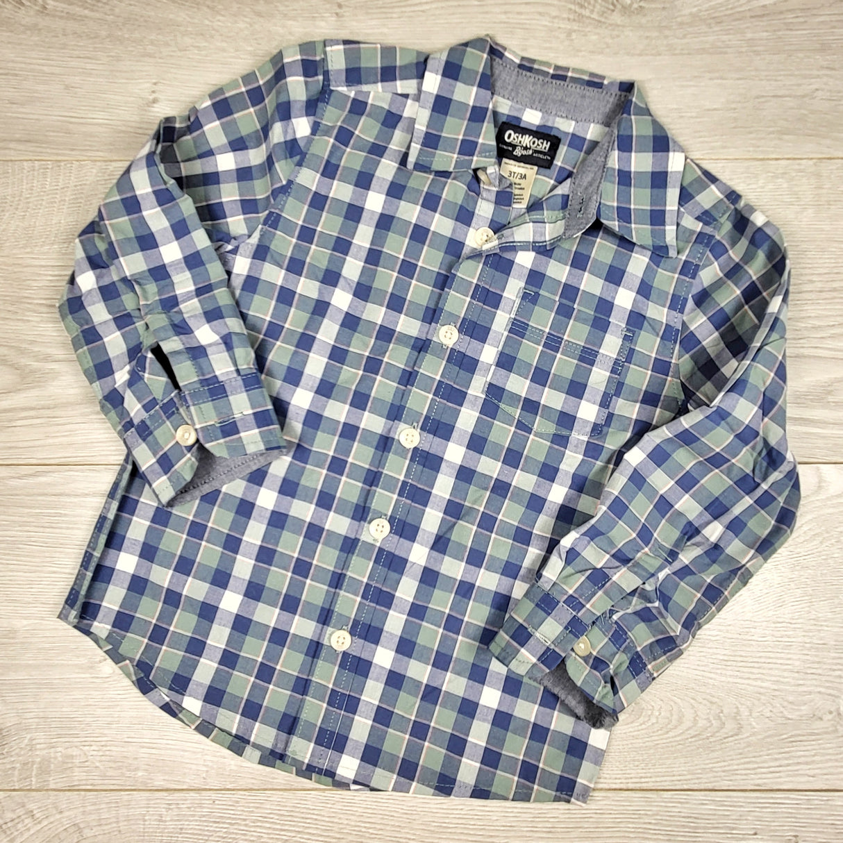 NEW - Oshkosh green and blue plaid button down shirt. Size 3T