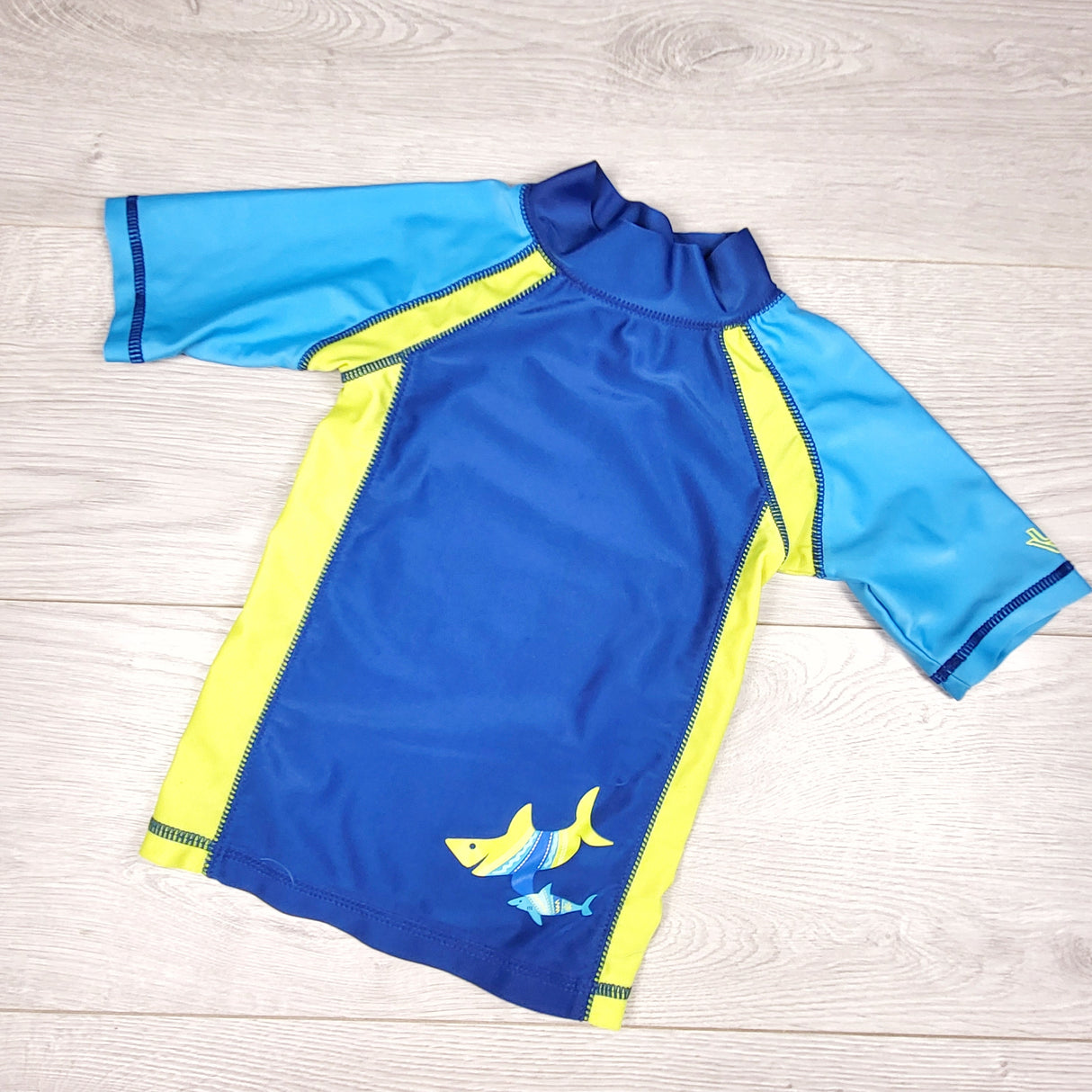 UV Skinz blue and yellow rash guard with shark. Size 2T