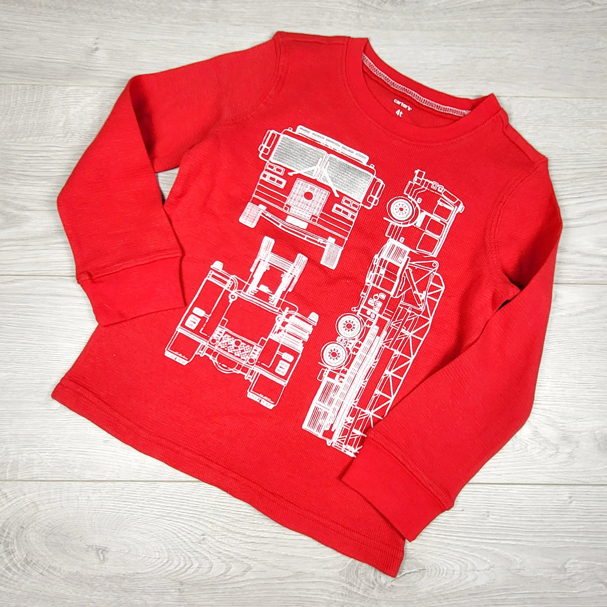 Carters red waffle knit top with fire trucks. Size 4T