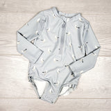 Little Planet blue-grey one piece swimsuit with seagulls. Size 18 months