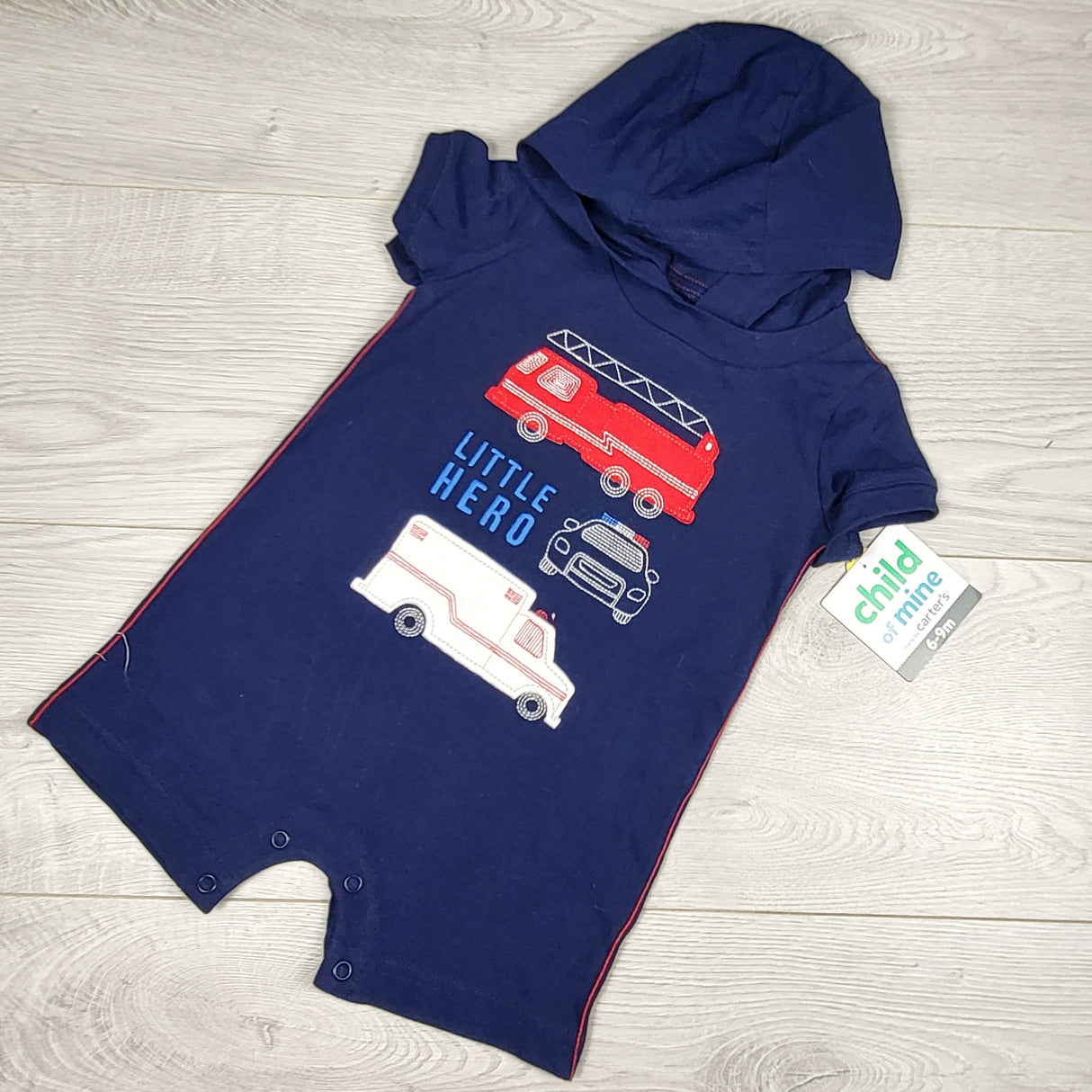 NEW - Child of Mine navy hooded romper with emergency vehicles. Size 6-9 months