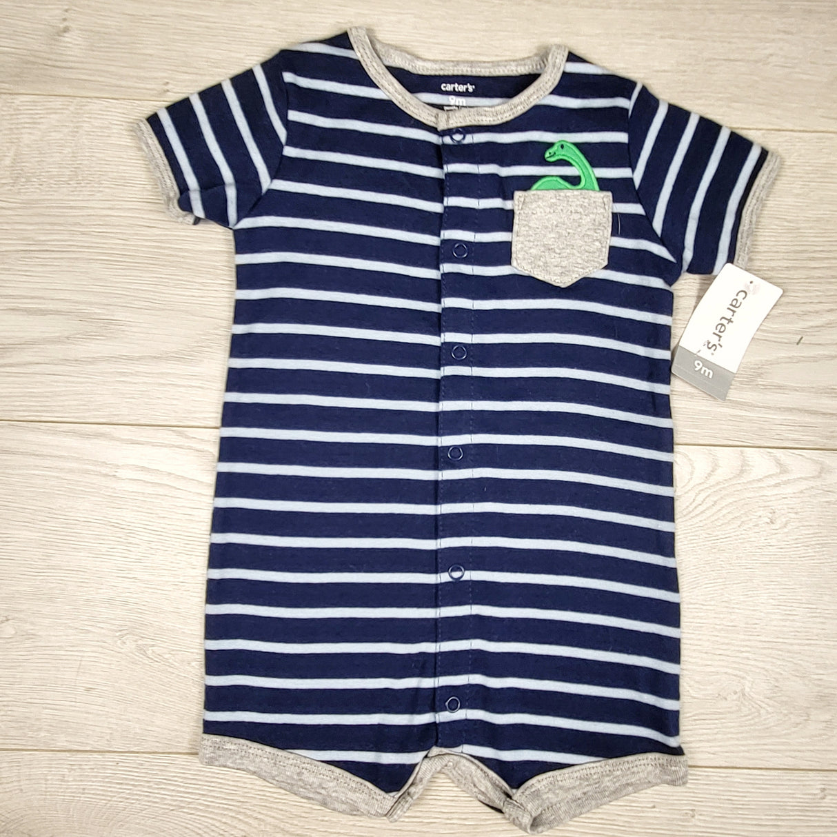 NEW - Carters navy striped romper with dinosaur. Size 9 months
