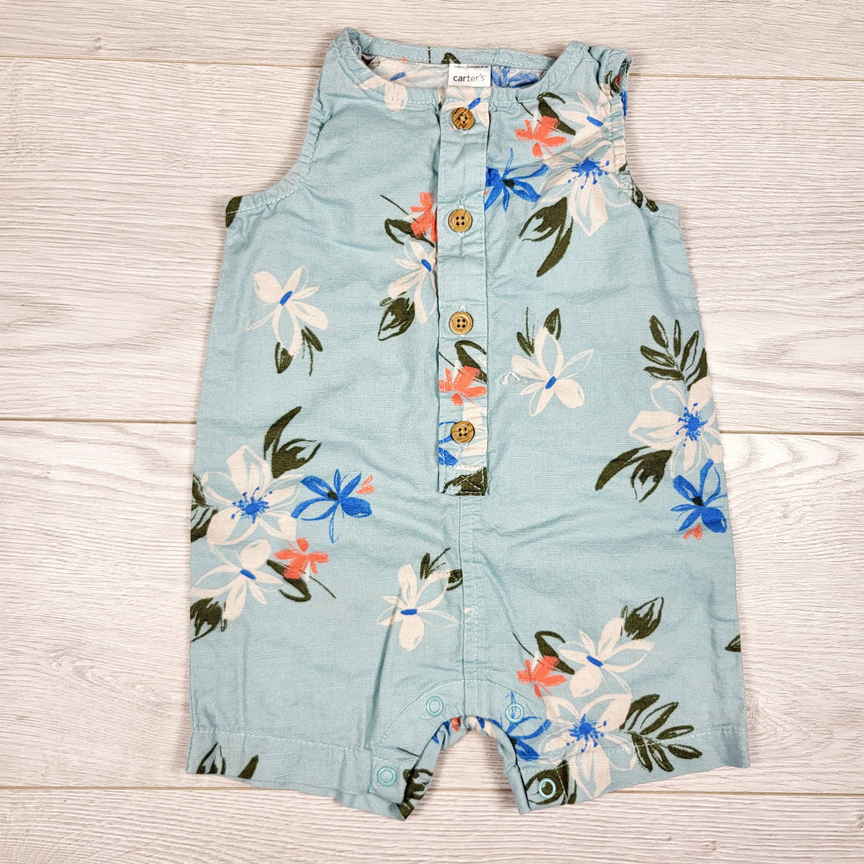 Carters blue floral print linen look cotton romper. Size 6 months