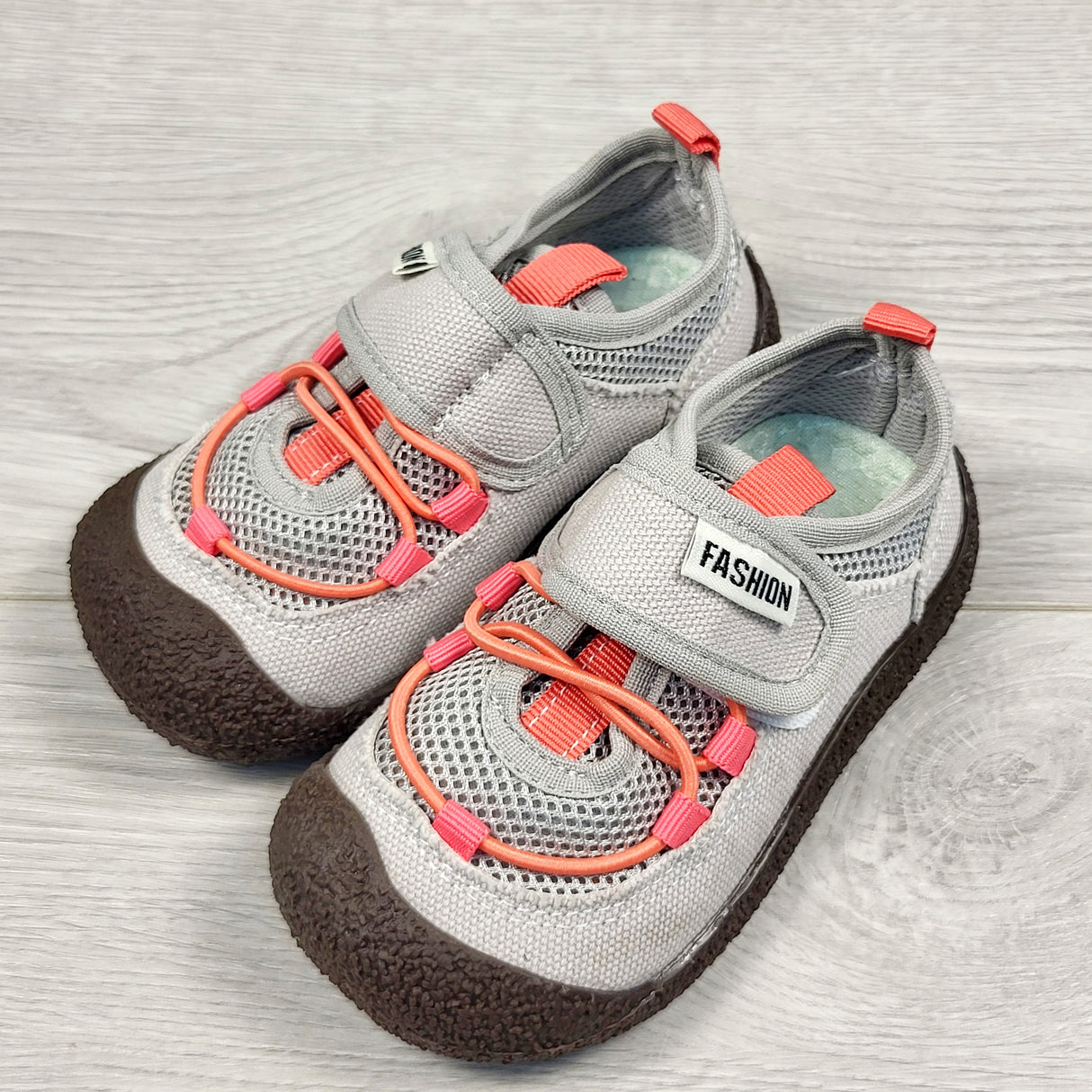 Grey and coral wide toe sneakers. Size 23 (7 to 7.5 toddler)