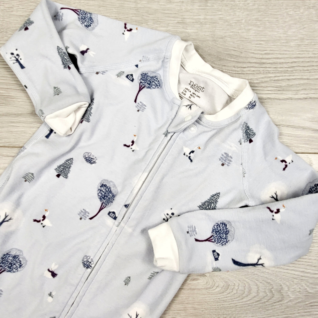 Nest Designs blue zippered sleeper with geese. Size 18-24 months