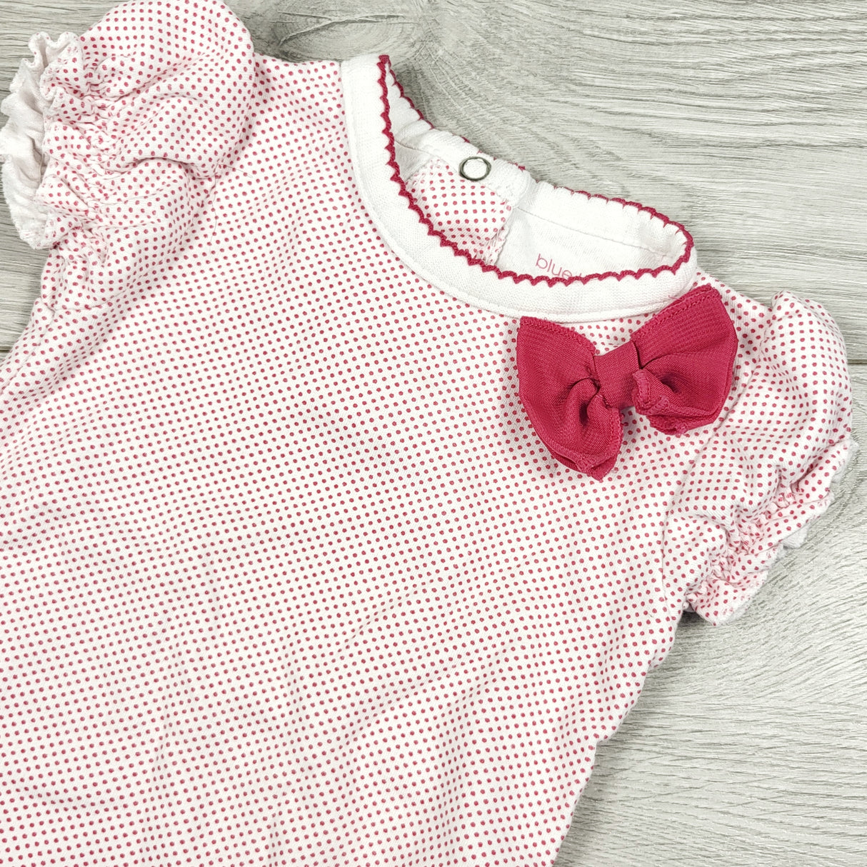 Blue Banana pink polka dot bodysuit. Size 6 months