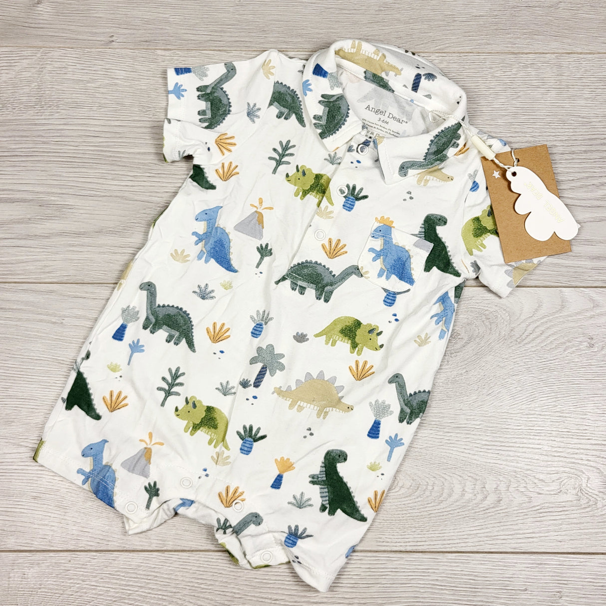 NEW - Angel Dear polo style bamboo romper with dinosaurs. Size 3-6 months