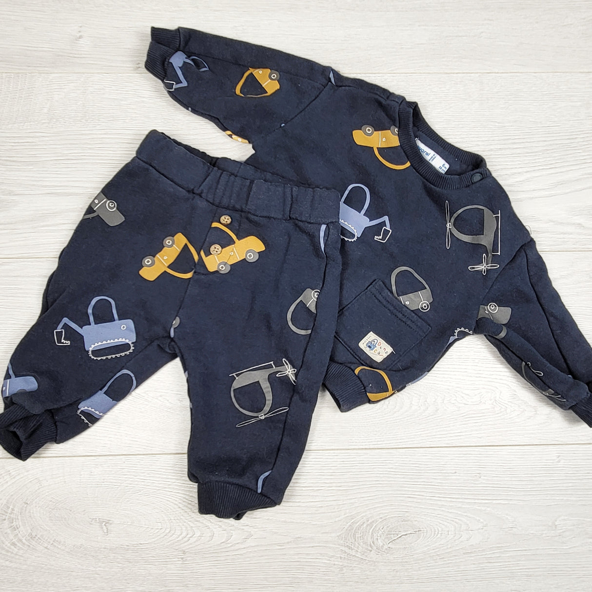 Mayoral blue 2pc sweatsuit set with diggers. Size 6 months