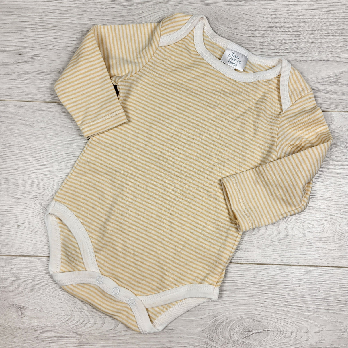 Trea Beau Belle yellow striped pima cotton bodysuit. Size 6-9 months