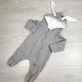 The Littlest grey waffle knit romper with bunny ears. Size 3-6 months